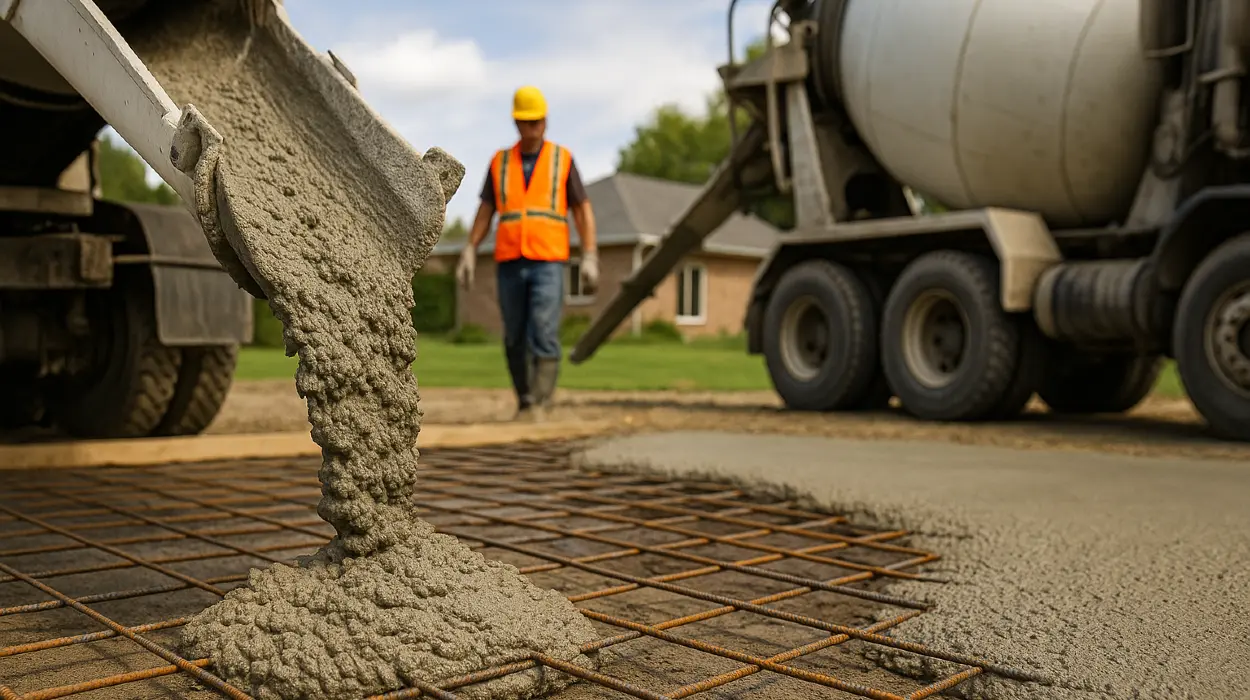 Cement truck pouring cement on a rebared ground from Quality Concrete Contractor Georgetown in Georgetown Tx, 78628 - Concrete cutting