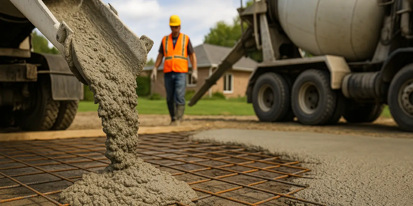 Cement truck pouring cement on a rebared ground from Quality Concrete Contractor Georgetown in Georgetown Tx, 78628 - Concrete cutting