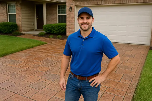 a concrete contractor smiling at the camera with stamped concrete behind him from Quality Concrete Contractor Georgetown in Georgetown Tx, 78628 - concrete patio installers