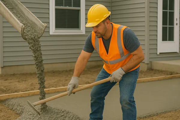a man spreading the cement that a truck is pouring on the ground from Quality Concrete Contractor Georgetown in Georgetown Tx, 78628 - Concrete repairs
