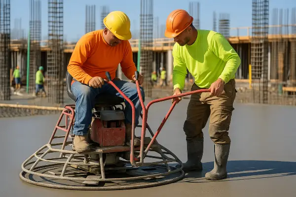 2 men using a machine to finish a concrete slab foundation from Quality Concrete Contractor Georgetown in Georgetown Tx, 78628 - Concrete sidewalk building