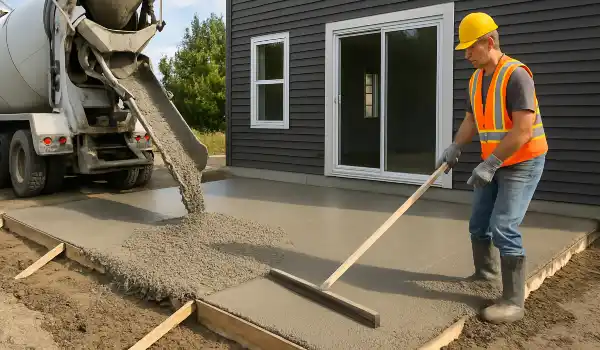 a man spreading the cement a truck is pouring to build a patio from Quality Concrete Contractor Georgetown in Georgetown Tx, 78628 - Driveway installation