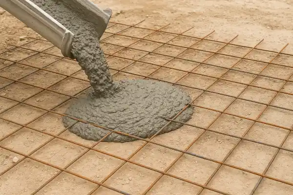 a cement truck pouring cement on a rebared ground from Quality Concrete Contractor Georgetown in Georgetown Tx, 78628 - Driveway installation