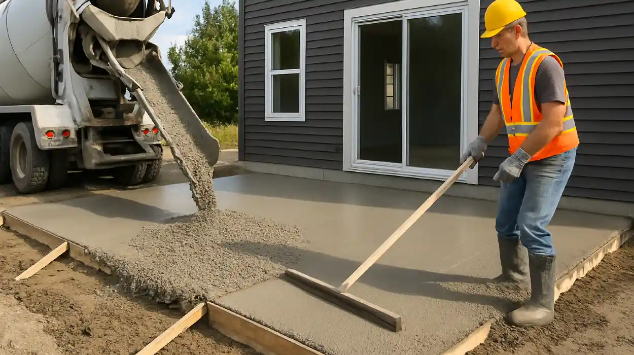 a man spreading the cement a truck is pouring to build a patio from Quality Concrete Contractor Georgetown in Florence, TX - Florence TX