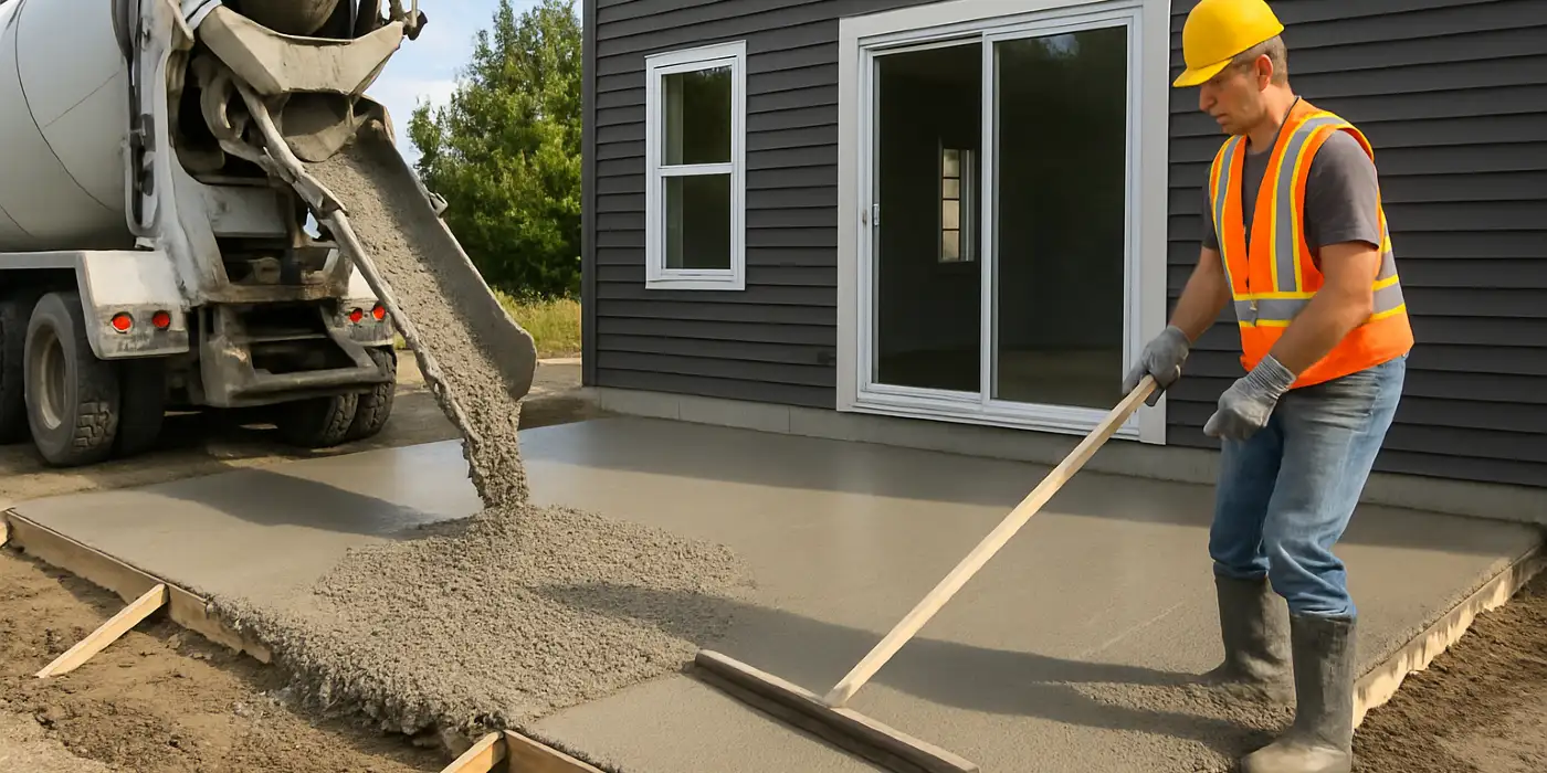 a man spreading the cement a truck is pouring to build a patio from Quality Concrete Contractor Georgetown in Florence, TX - Florence TX