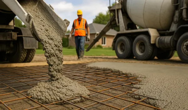 Cement truck pouring cement on a rebared ground from Quality Concrete Contractor Georgetown in Georgetown Tx, 78628 - Foundation installation