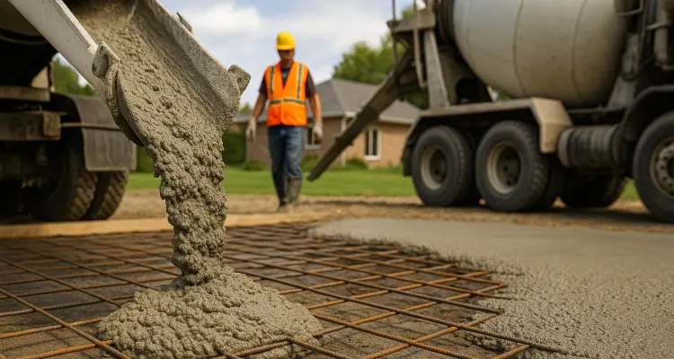 Cement truck pouring cement on a rebared ground from Quality Concrete Contractor Georgetown in Leander, TX - Leander TX