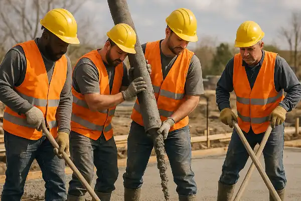 4 workers pouring and spreading concrete on the ground from Quality Concrete Contractor Georgetown in Leander, TX - Leander TX