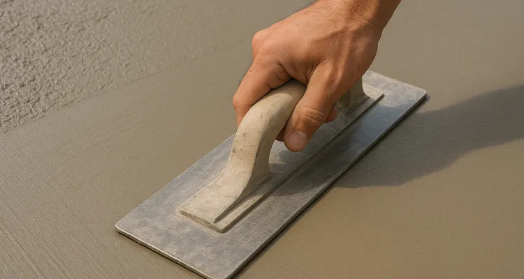 a hand trowel being used on a fresh cement slab to smooth it from Quality Concrete Contractor Georgetown in Georgetown Tx, 78628 - Slab foundation building