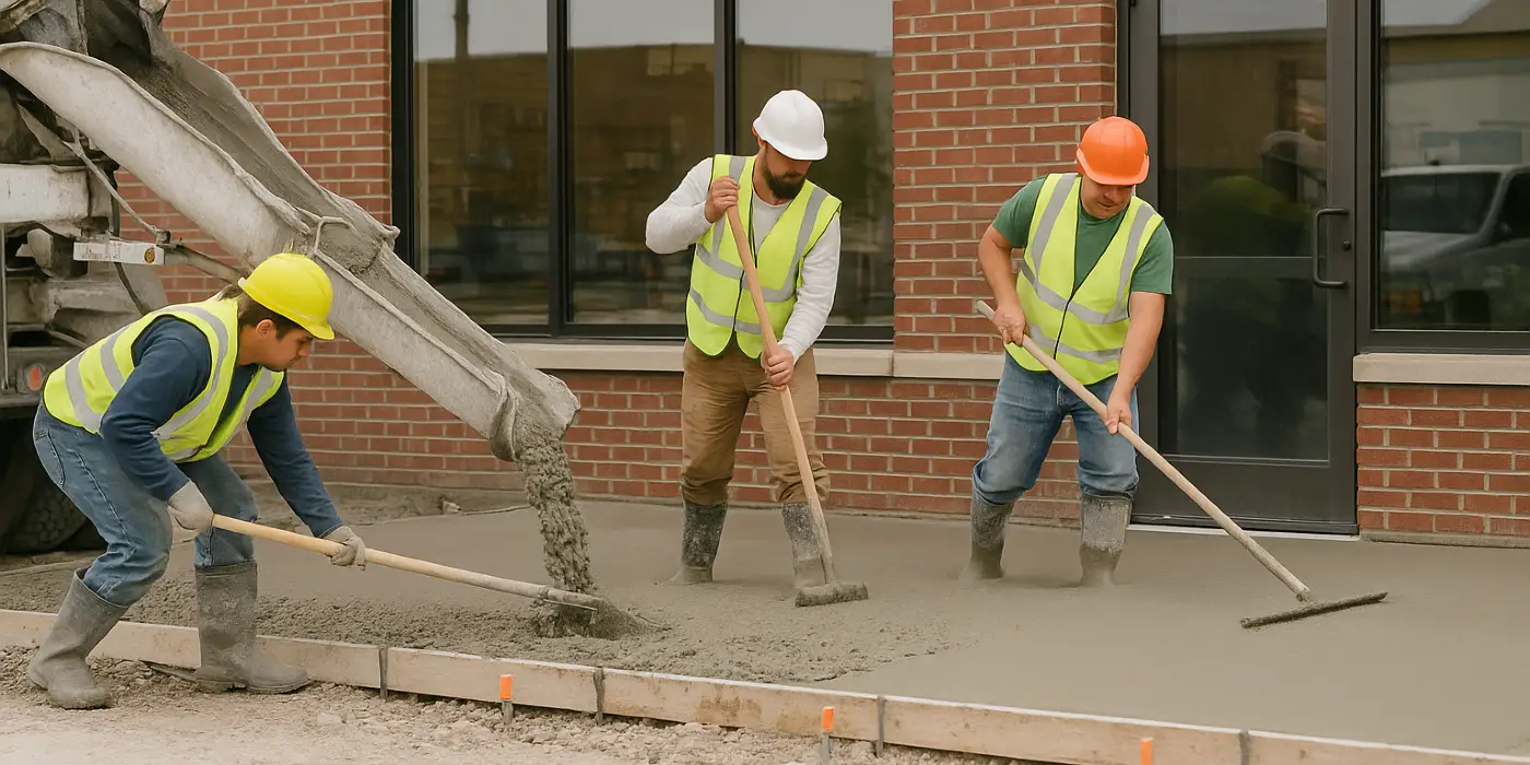3 concrete contractors spreading concrete on the ground for a sidewalk from Quality Concrete Contractor Georgetown in Georgetown Tx, 78628 - Stamped concrete services 3 concrete contractors spreading concrete on the ground for a sidewalk from Quality Concrete Contractor Georgetown in Georgetown Tx, 78628 - Stamped concrete services